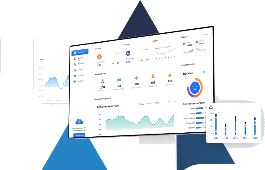 A desktop dashboard with operations charts, framed by geometric brand shapes
