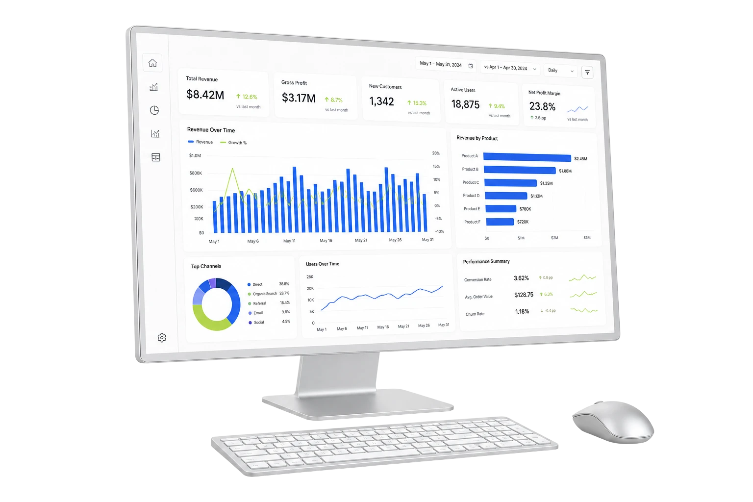 A desktop analytics dashboard, framed by geometric brand shapes