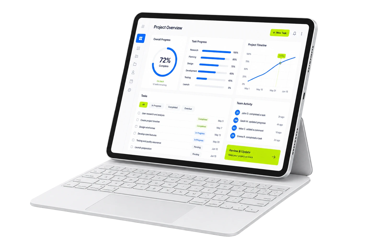 Tablet showing a project overview dashboard