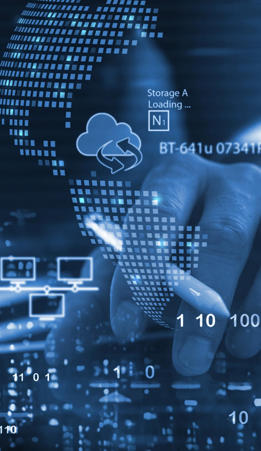 A hand touching a digital cloud and a data grid