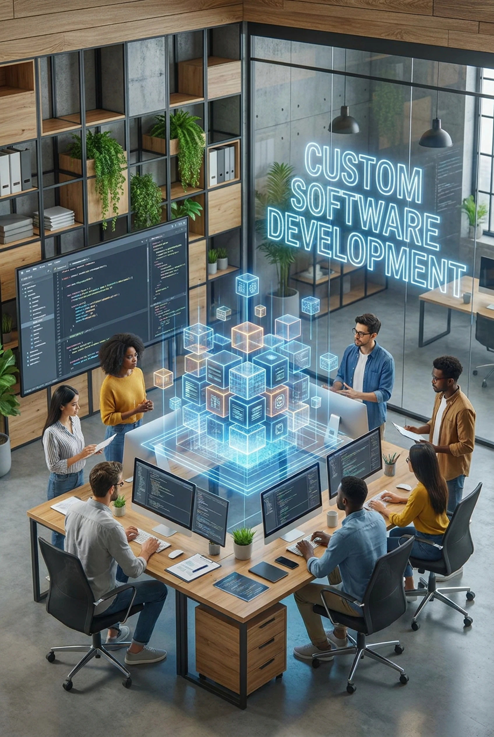 A team around a table with a custom-software model