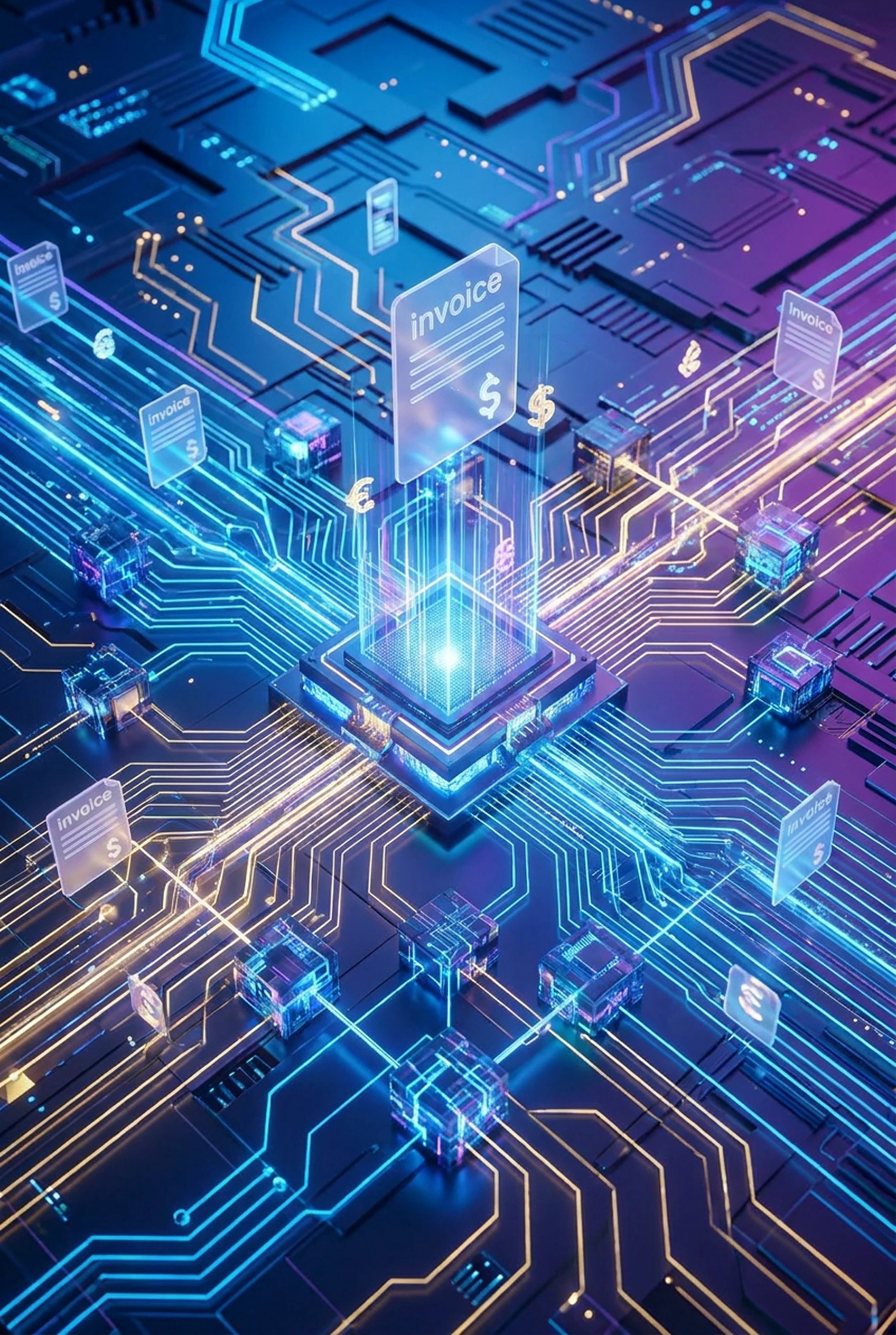 Invoice documents moving across a circuit board