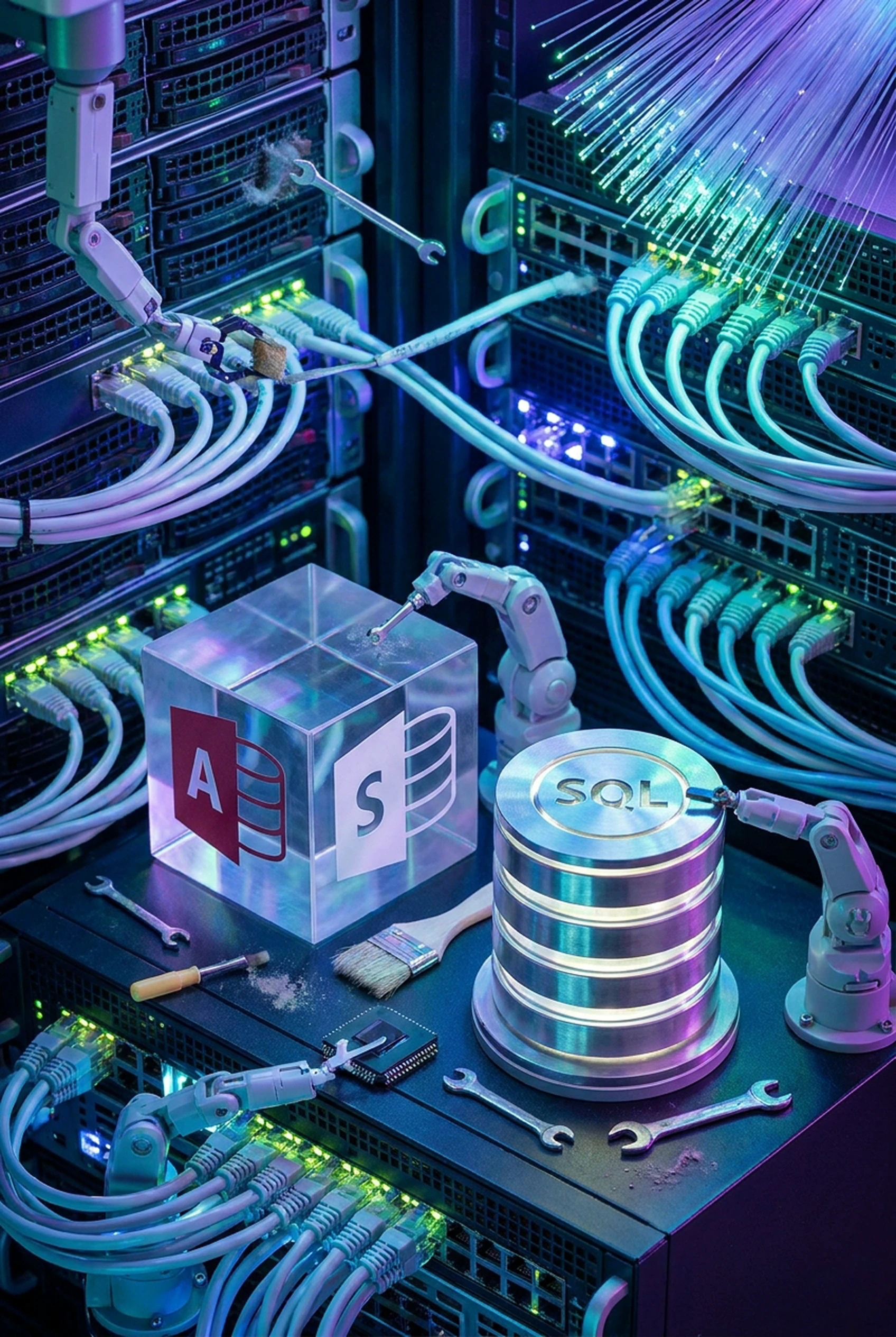 Robotic arms servicing Access and SQL Server hardware